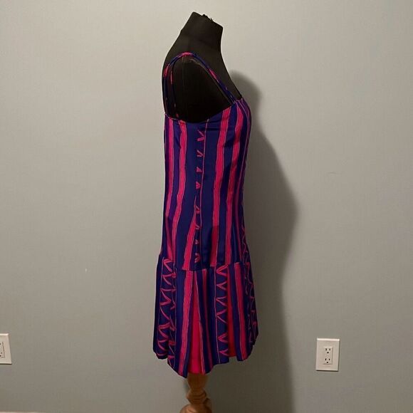 Vintage Women's Pink & Blue Striped Zigzag Spaghetti Strap Pleated Dress - Picture 7 of 9